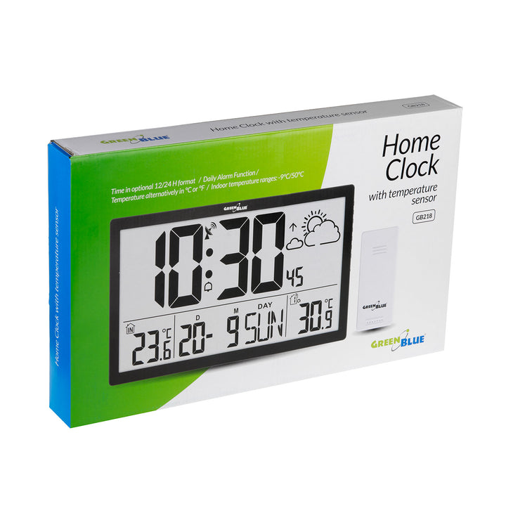 Weerstation Digitale wandklok met buitensensor, DCF-klok, 37x22,5cm Grote wandklok, alarm met snooze-functie, LCD-display, binnen- en buitentemperatuur, weersverwachting