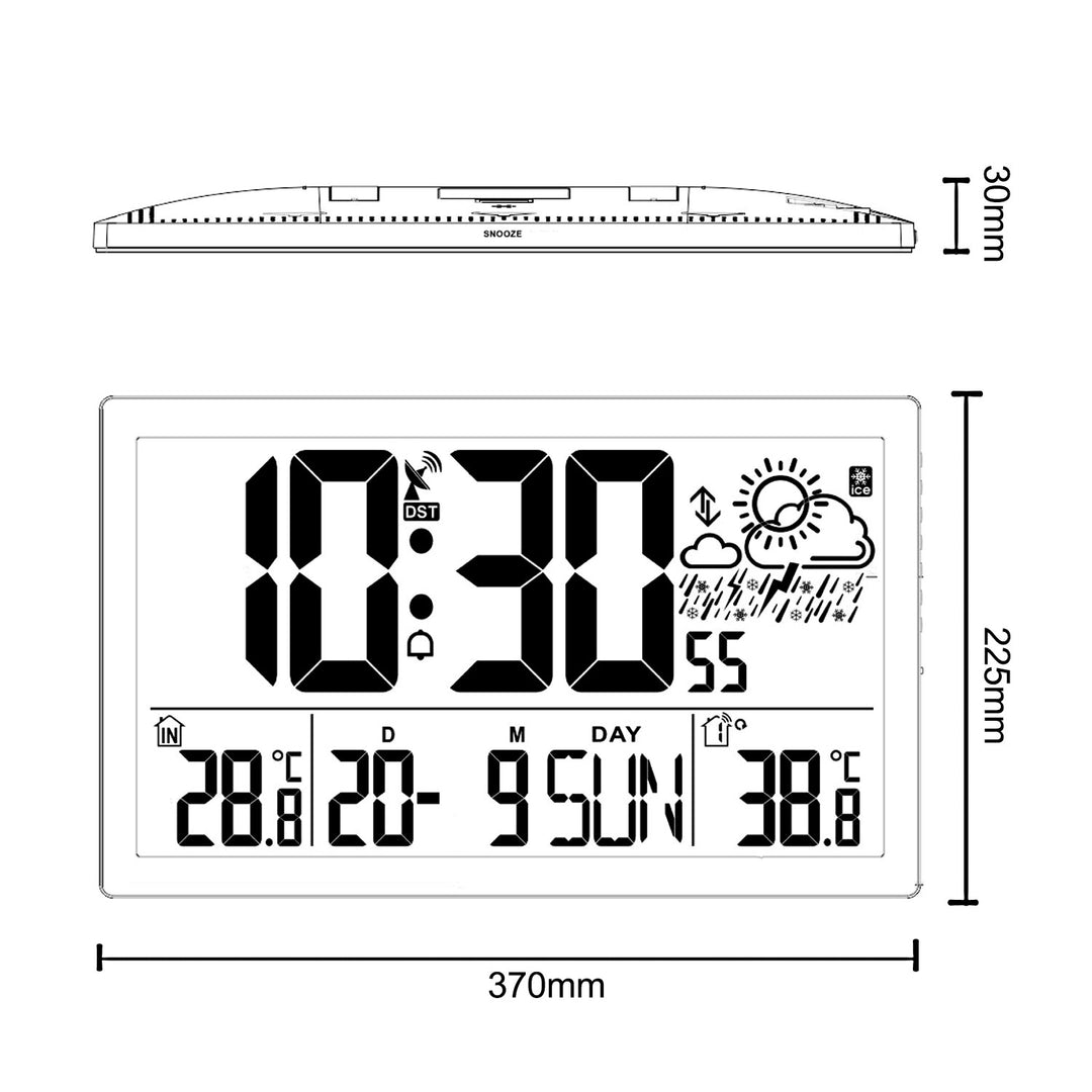 Weerstation Digitale wandklok met buitensensor, DCF-klok, 37x22,5cm Grote wandklok, alarm met snooze-functie, LCD-display, binnen- en buitentemperatuur, weersverwachting