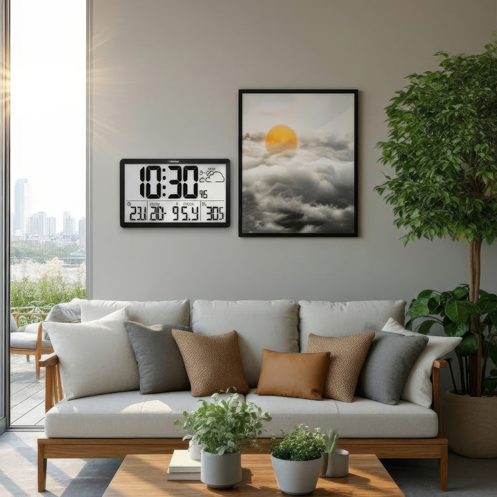 Weerstation Digitale wandklok met buitensensor, DCF-klok, 37x22,5cm Grote wandklok, alarm met snooze-functie, LCD-display, binnen- en buitentemperatuur, weersverwachting