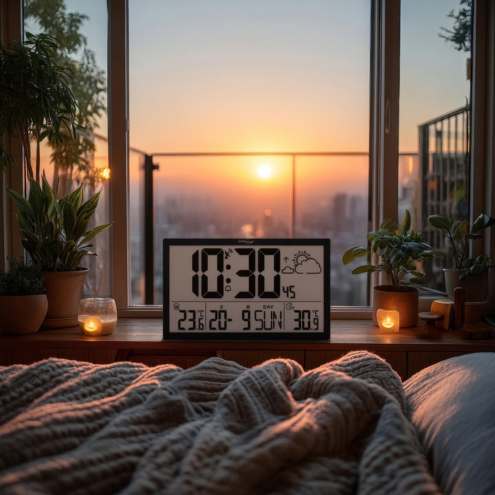 Weerstation Digitale wandklok met buitensensor, DCF-klok, 37x22,5cm Grote wandklok, alarm met snooze-functie, LCD-display, binnen- en buitentemperatuur, weersverwachting