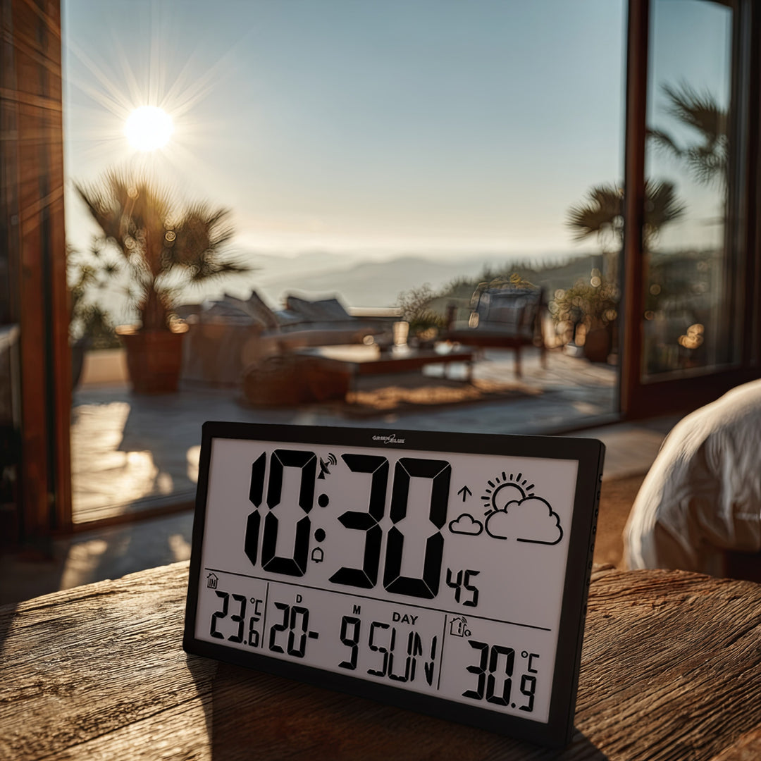 Weerstation Digitale wandklok met buitensensor, DCF-klok, 37x22,5cm Grote wandklok, alarm met snooze-functie, LCD-display, binnen- en buitentemperatuur, weersverwachting