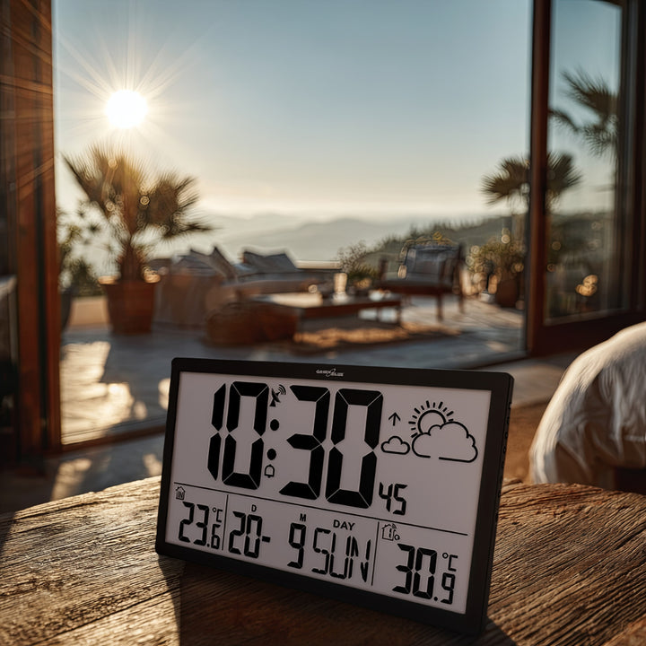 Weerstation Digitale wandklok met buitensensor, DCF-klok, 37x22,5cm Grote wandklok, alarm met snooze-functie, LCD-display, binnen- en buitentemperatuur, weersverwachting