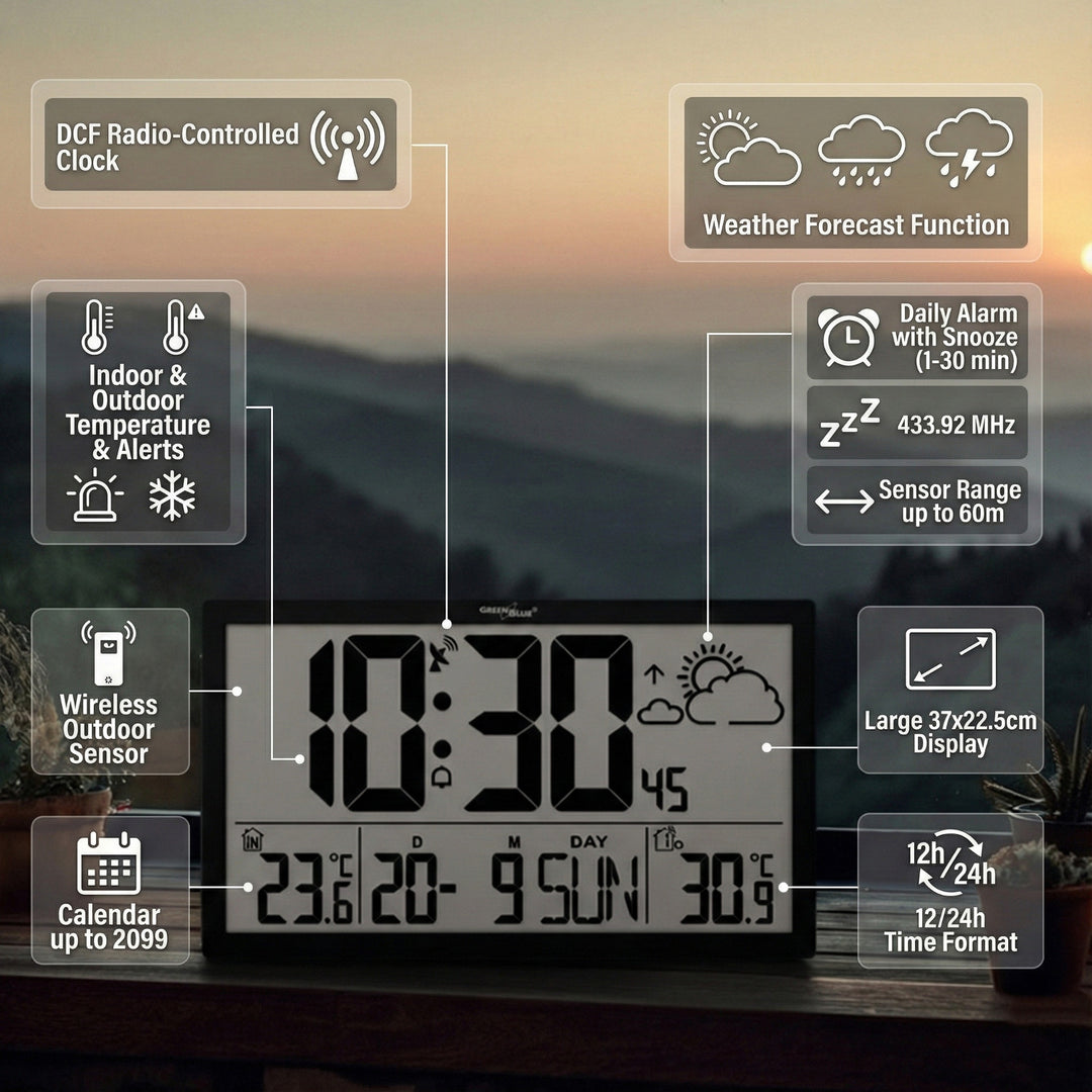 Weerstation Digitale wandklok met buitensensor, DCF-klok, 37x22,5cm Grote wandklok, alarm met snooze-functie, LCD-display, binnen- en buitentemperatuur, weersverwachting