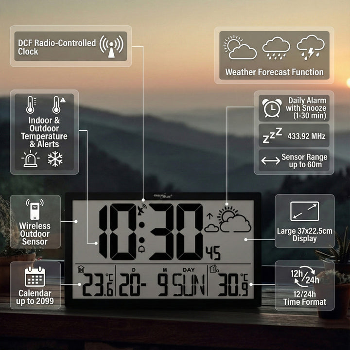 Weerstation Digitale wandklok met buitensensor, DCF-klok, 37x22,5cm Grote wandklok, alarm met snooze-functie, LCD-display, binnen- en buitentemperatuur, weersverwachting