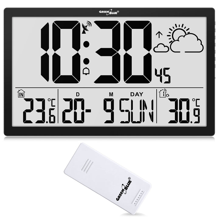 Weerstation Digitale wandklok met buitensensor, DCF-klok, 37x22,5cm Grote wandklok, alarm met snooze-functie, LCD-display, binnen- en buitentemperatuur, weersverwachting