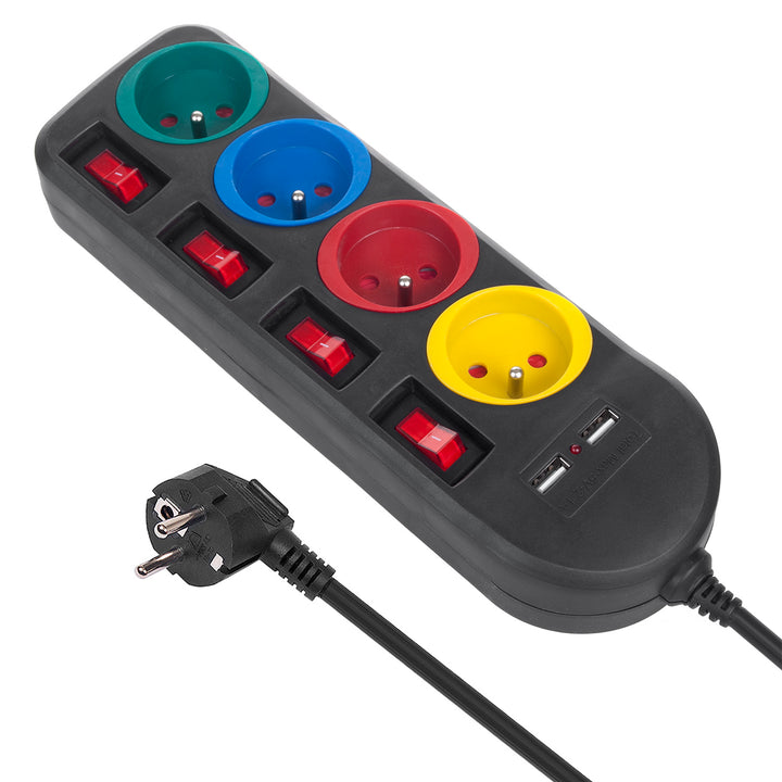 Multiprise Maclean, rallonge 4 prises + 2xUSB, avec interrupteurs, 250VAC/10A, 2.1A 5V, 1.5m, blanc, MCE229B + câble USB MCE471