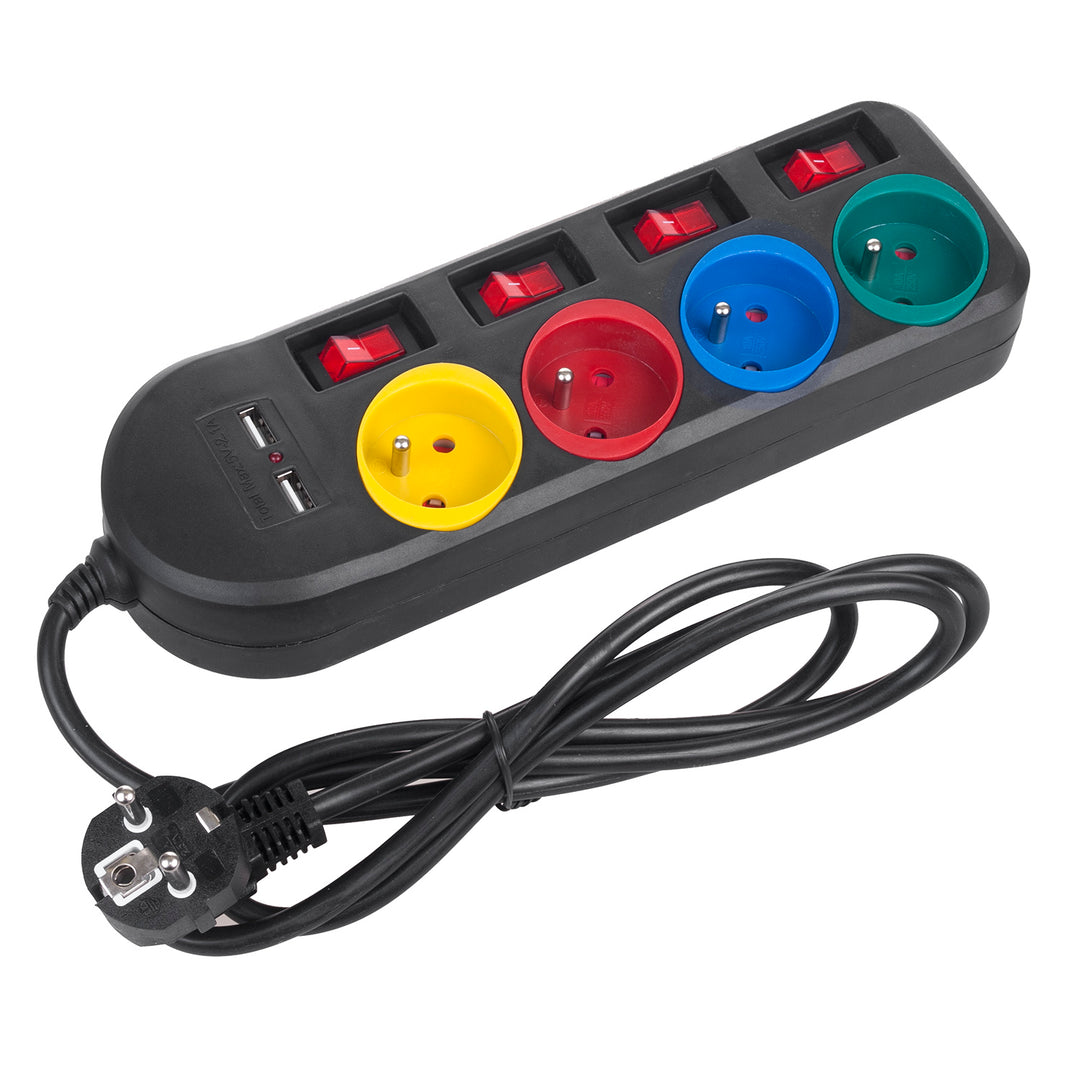 Multiprise Maclean, rallonge 4 prises + 2xUSB, avec interrupteurs, 250VAC/10A, 2.1A 5V, 1.5m, blanc, MCE229B + câble USB MCE471