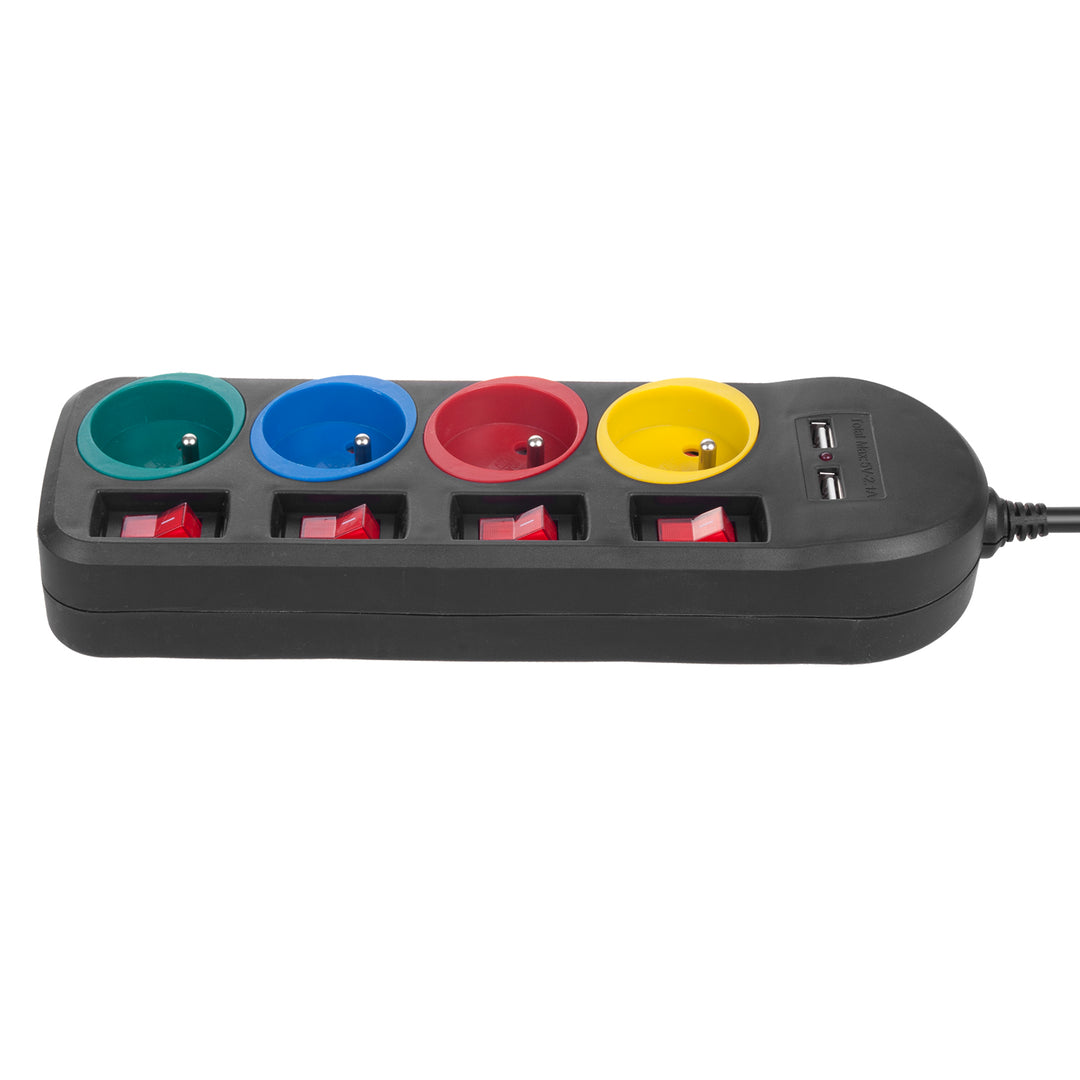 Multiprise Maclean, rallonge 4 prises + 2xUSB, avec interrupteurs, 250VAC/10A, 2.1A 5V, 1.5m, blanc, MCE229B + câble USB MCE471