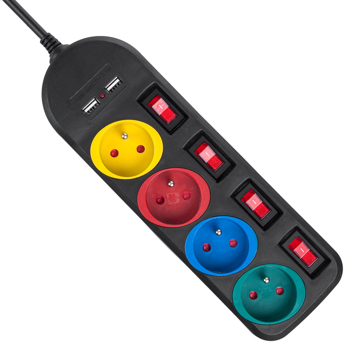 Multiprise Maclean, rallonge 4 prises + 2xUSB, avec interrupteurs, 250VAC/10A, 2.1A 5V, 1.5m, blanc, MCE229B + câble USB MCE471