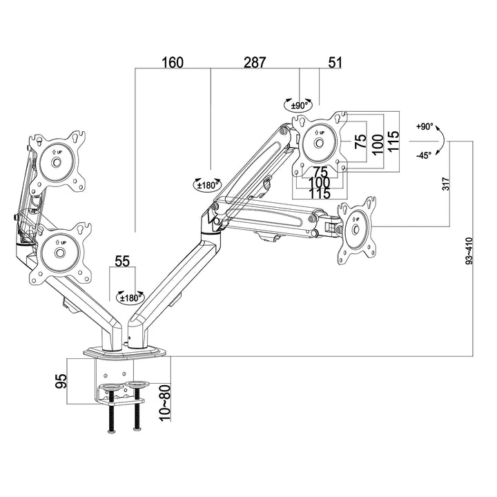 Maclean MC-861N Steun voor 2 monitoren gasveer 13"-27" 7 kg zwart