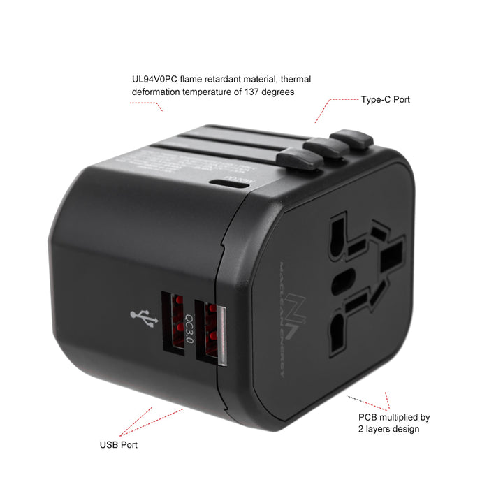 Maclean Reisadapter, USB-lichtnetadapter, 2xUSB 3A + USB-C PD 20W, 8A zekering, snel snel opladen, 200 landen wereldwijd, MCE238N.