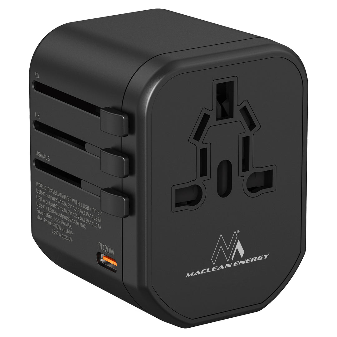 Maclean Reisadapter, USB-lichtnetadapter, 2xUSB 3A + USB-C PD 20W, 8A zekering, snel snel opladen, 200 landen wereldwijd, MCE238N.