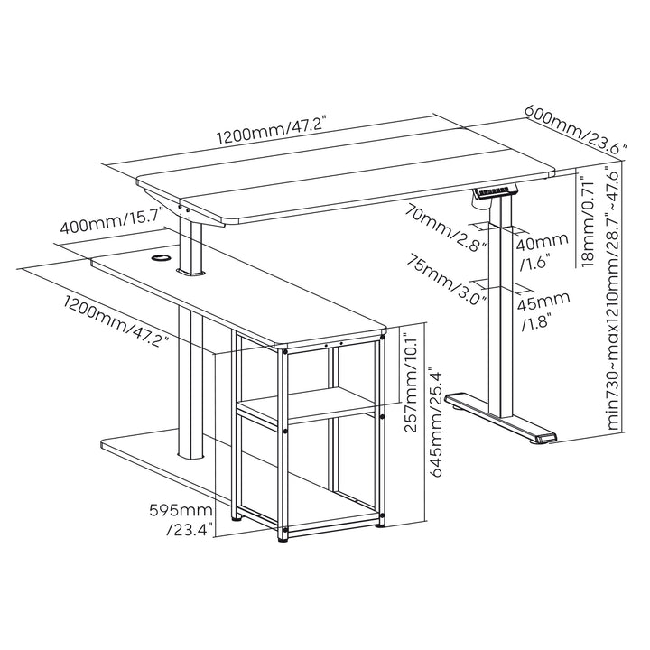 Bureau élévateur électrique Ergo Office, hauteur max. 121cm, max. 70 kg, avec plateau et étagères, pour debout et assis, brun rustique, ER-450, 2 pièces