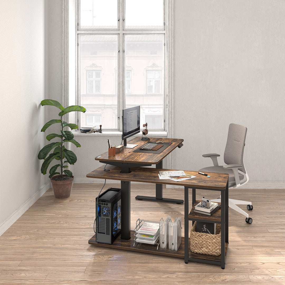 Bureau élévateur électrique Ergo Office, hauteur max. 121cm, max. 70 kg, avec plateau et étagères, pour debout et assis, brun rustique, ER-450, 2 pièces