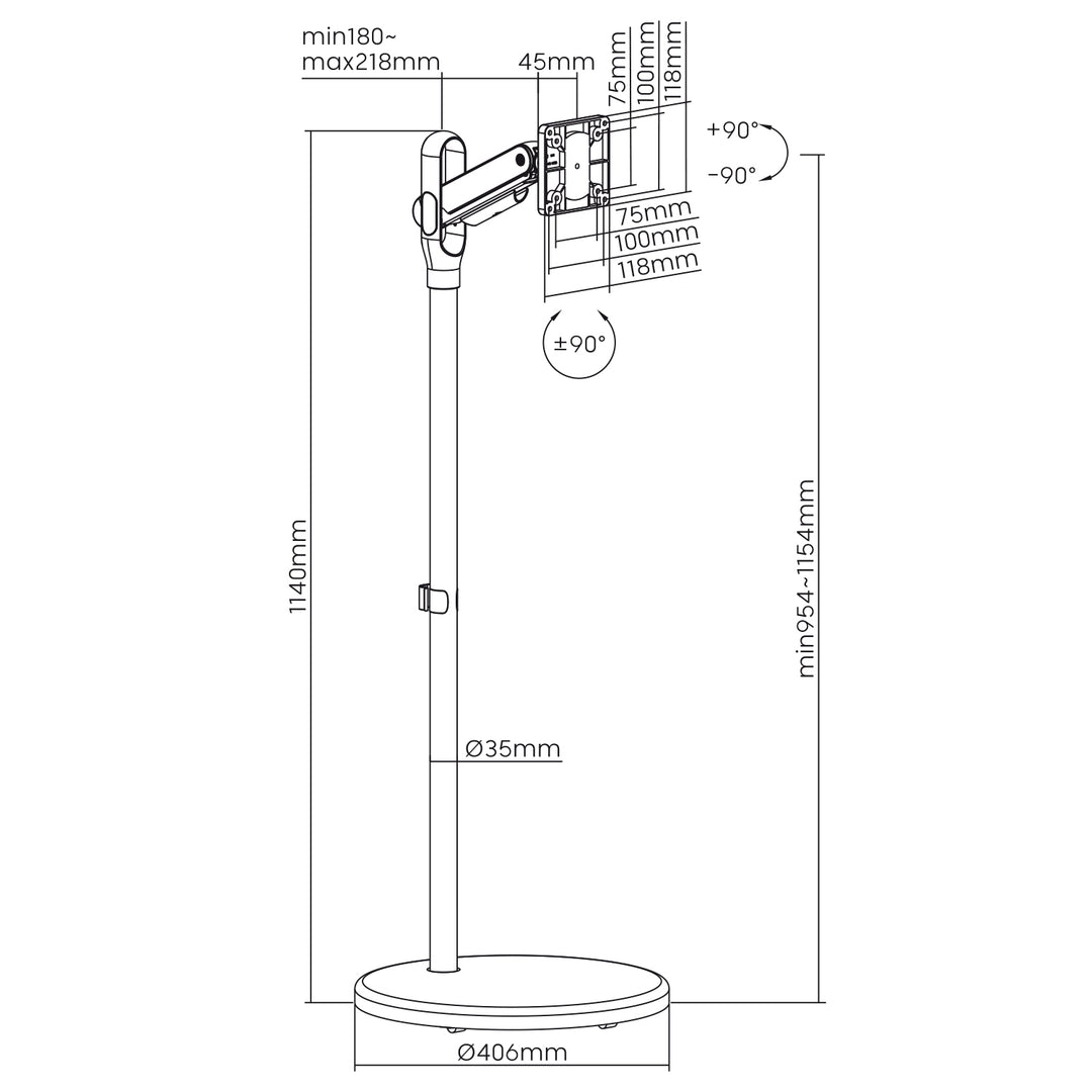 Maclean verrijdbare standaard voor monitor/TV, gasveer, 17"-35", 2-10kg, zwart, MC-970B