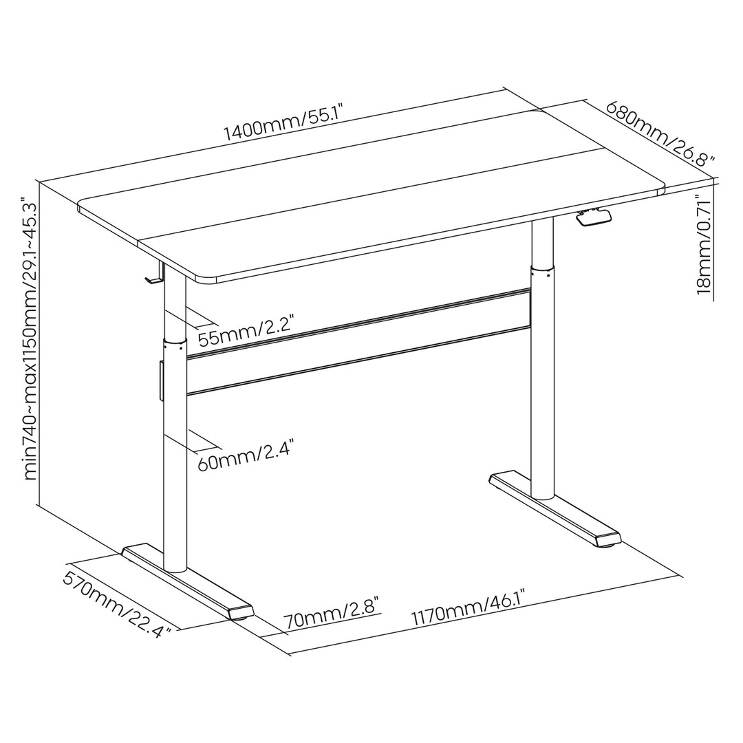 Ergo Bureau met blad 140x68cm, gasveer, in hoogte verstelbaar, voor staand en zittend werken, max hoogte 115cm, ER-453