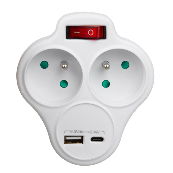 Prise électrique Maclean, multiprise à 2 prises et ports USB A/C 2,4 A, type E, 2 x 16 A, MCE336 E
