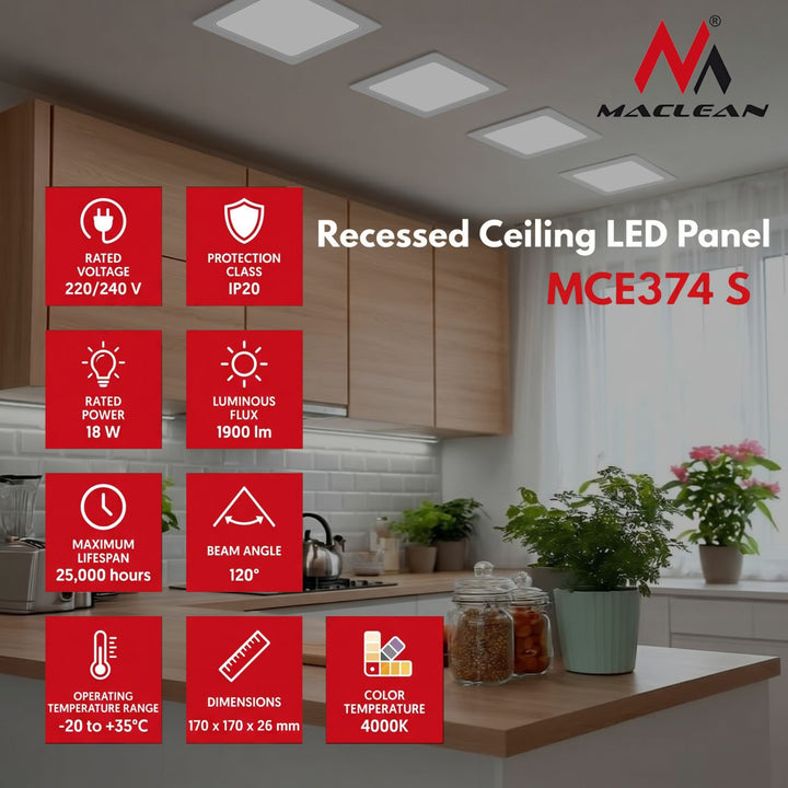 Maclean MCE374 S SLIM LED-inbouwplafondplaat, 18W, neutraal wit 4000K, 170*170*26mm, 1900lm,