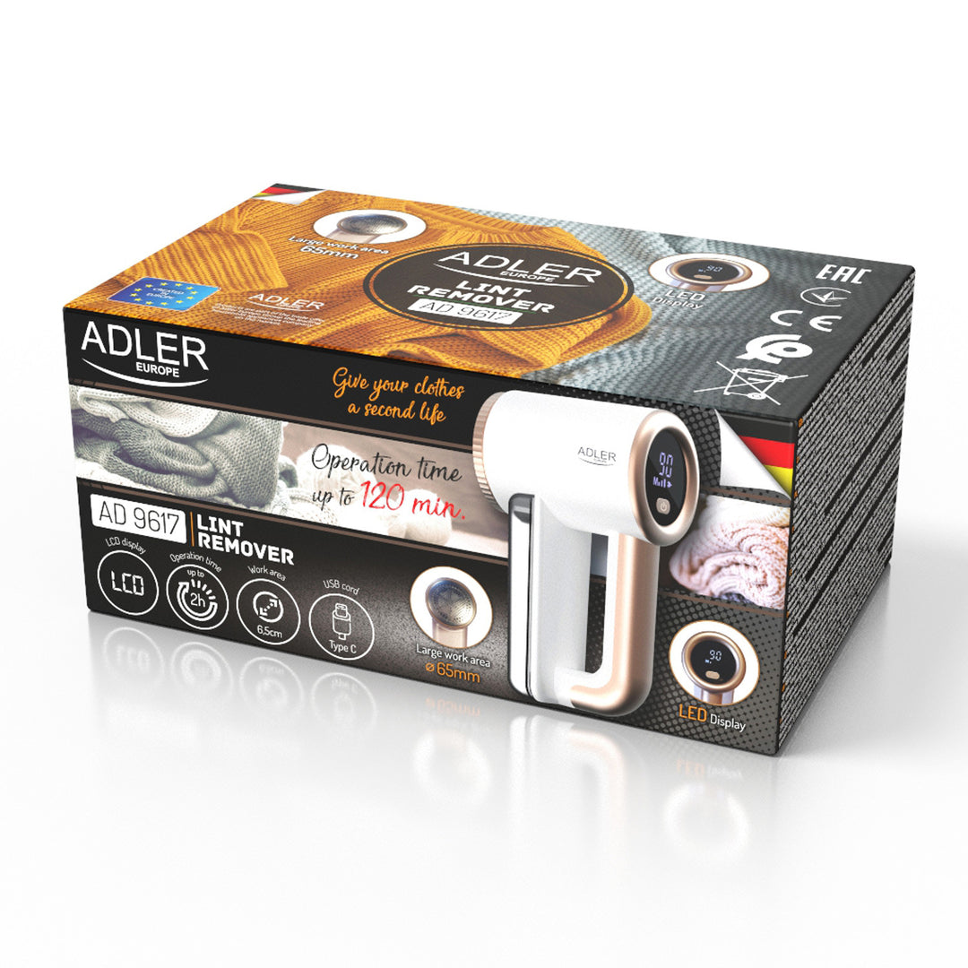 Rasoir Adler pour tissus, chargement par USB, écran LCD, 3 niveaux de vitesse, brosse, AD 9617