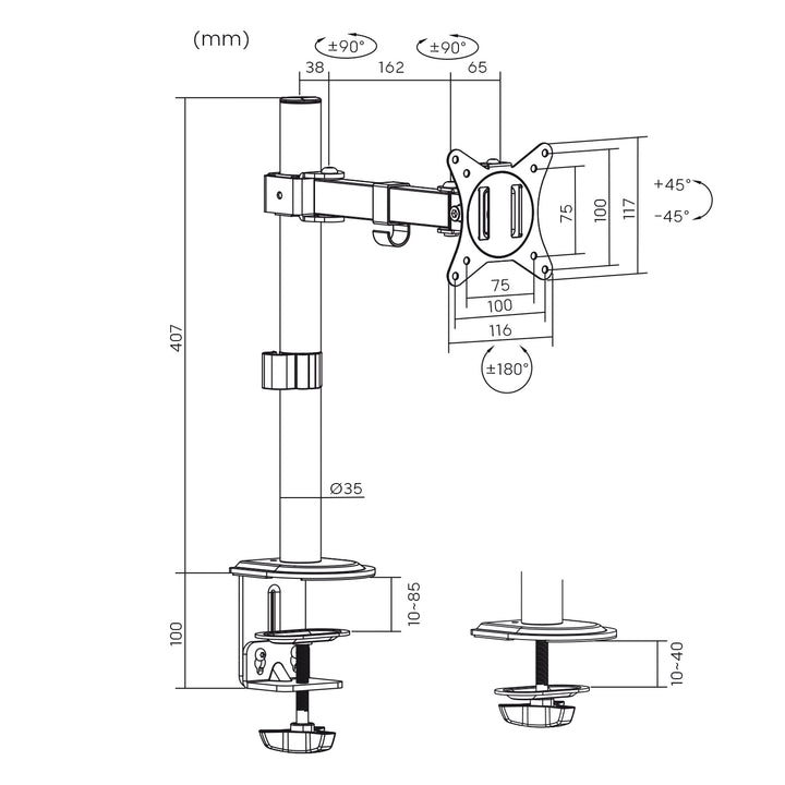 Maclean bureaubeugel voor LCD-monitor, enkele arm, VESA 75x75 en 100x100, 17-32", 9kg, MC-572N