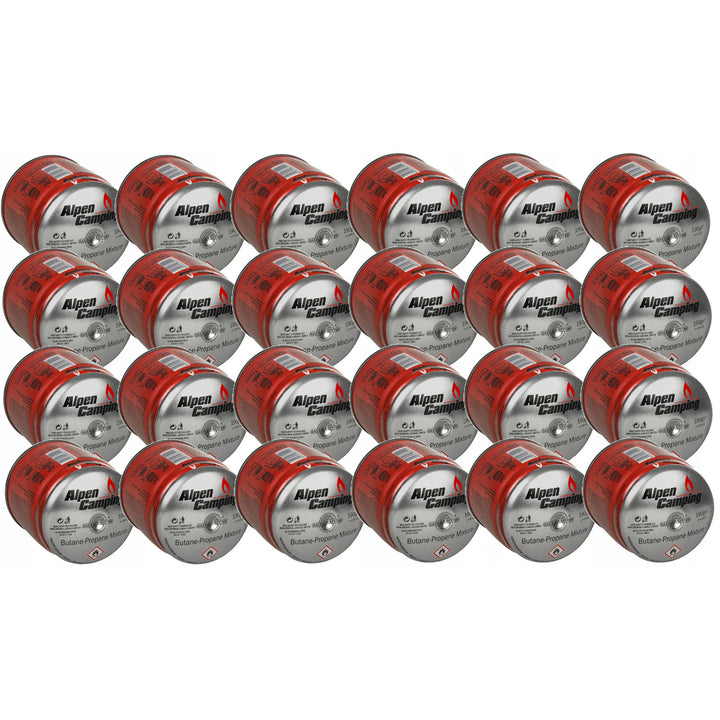 24x Alpen Camping 400ml cartouche de gaz. Certificat : Pi 0437, conforme à la norme EN417, propane-butane, plage de -10°c à + 40°c, système GAS STOP IK006