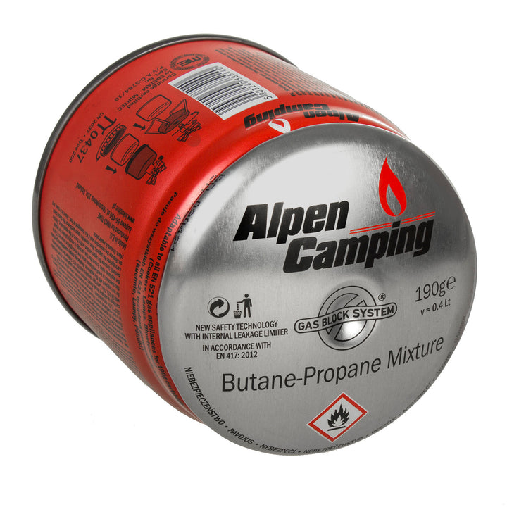 48x Alpen Camping 400ml cartouche de gaz. Certificat : Pi 0437, conforme à la norme EN417, propane-butane, plage de -10°c à + 40°c, système GAS STOP IK006