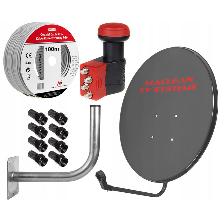 Ensemble satellite, parabole de 90 cm, support de 40 cm, convertisseur quadruple, câble de 100 m, fiches