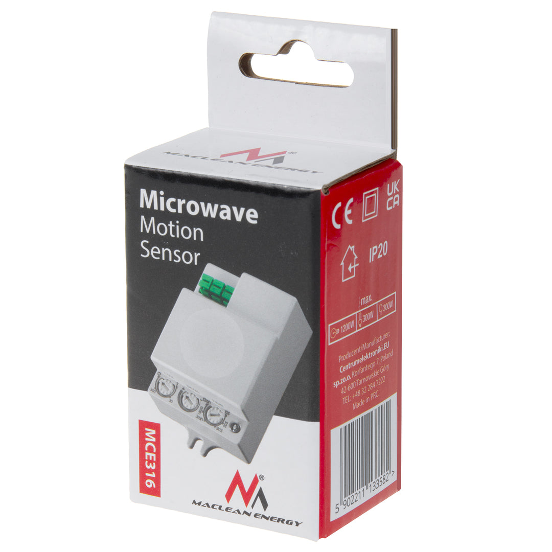 Maclean microgolfbewegingsmelder, bereik 8m, max. belasting 1200 W, IP20, 5,8 GHz, MCE316