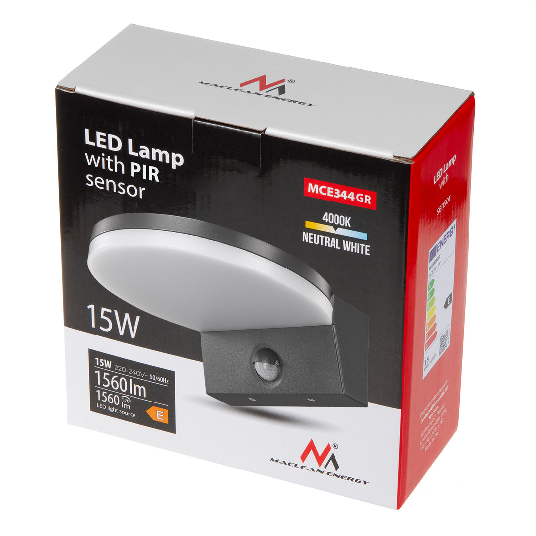 Lampe LED à détecteur de mouvement Maclean, détecteur de mouvement PIR, gris, 15W, IP65, 1560lm, blanc neutre (4000K) MCE344 GR