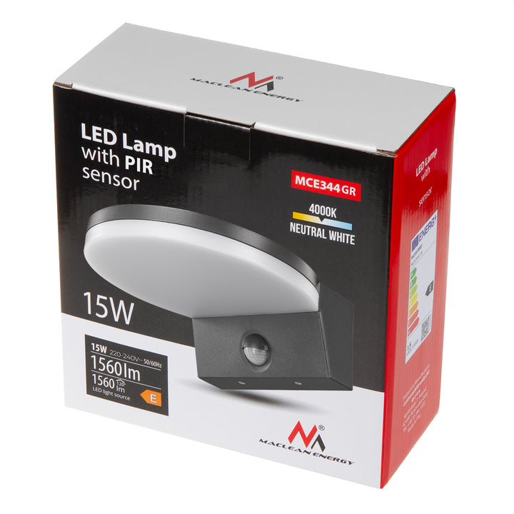 Maclean LED bewegingssensorlamp, PIR bewegingssensor, grijs, 15W, IP65, 1560lm, neutraal wit (4000K) MCE344 GR