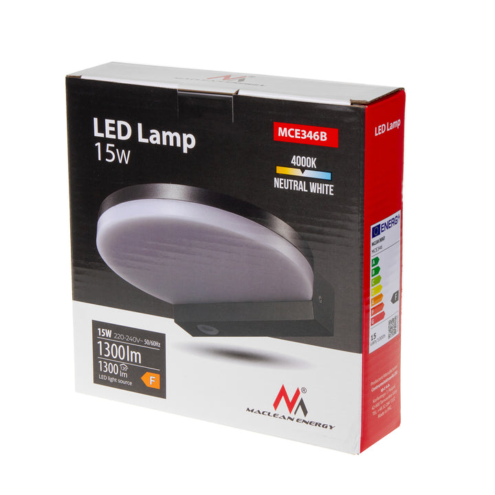 Maclean LED-lamp, zwart, 15W, IP65, 1300lm, neutraal wit (4000K) MCE346 B