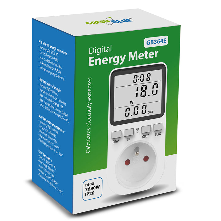 GreenBlue energiemeter, wattmeter, type E, 220-240V AC, 50Hz, max. belasting 16A, IP20, ingebouwde batterij, GB364 E