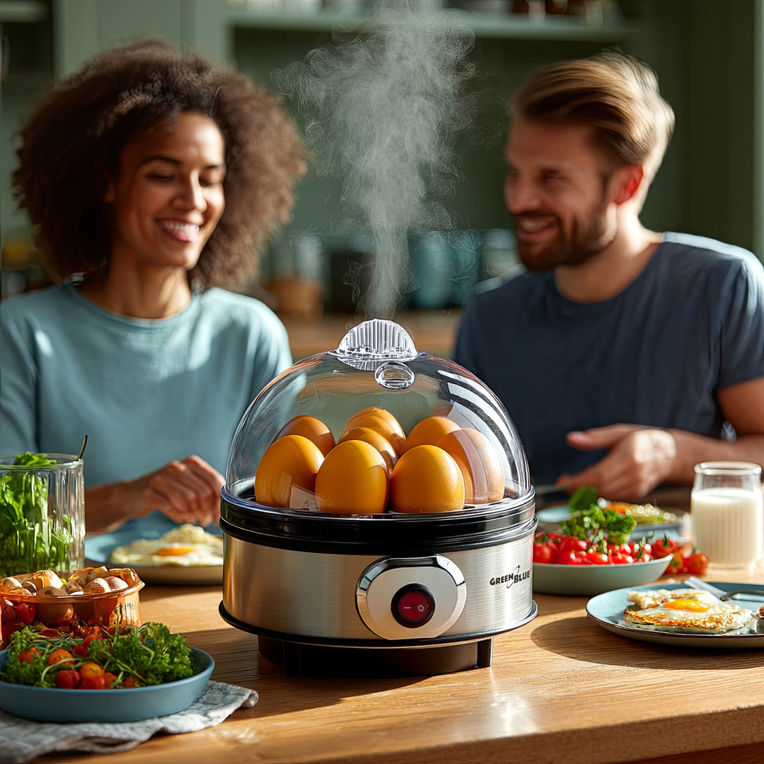 GreenBlue cuiseur d'œufs automatique, puissance 400W, jusqu'à 7 œufs, gobelet gradué, 220-240V~, 50 Hz, GB572