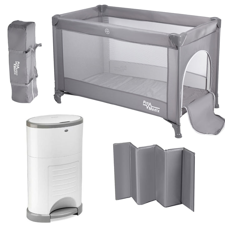 Lit de voyage Promedix, 125x65x74cm, gris, roulettes, housse de protection, PR-803 G + Korbell 26L poubelle à couches usagées