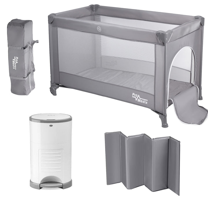 Lit de voyage Promedix, 125x65x74cm, gris, roulettes, housse de protection, PR-803 G + Korbell 9L poubelle à couches usagées