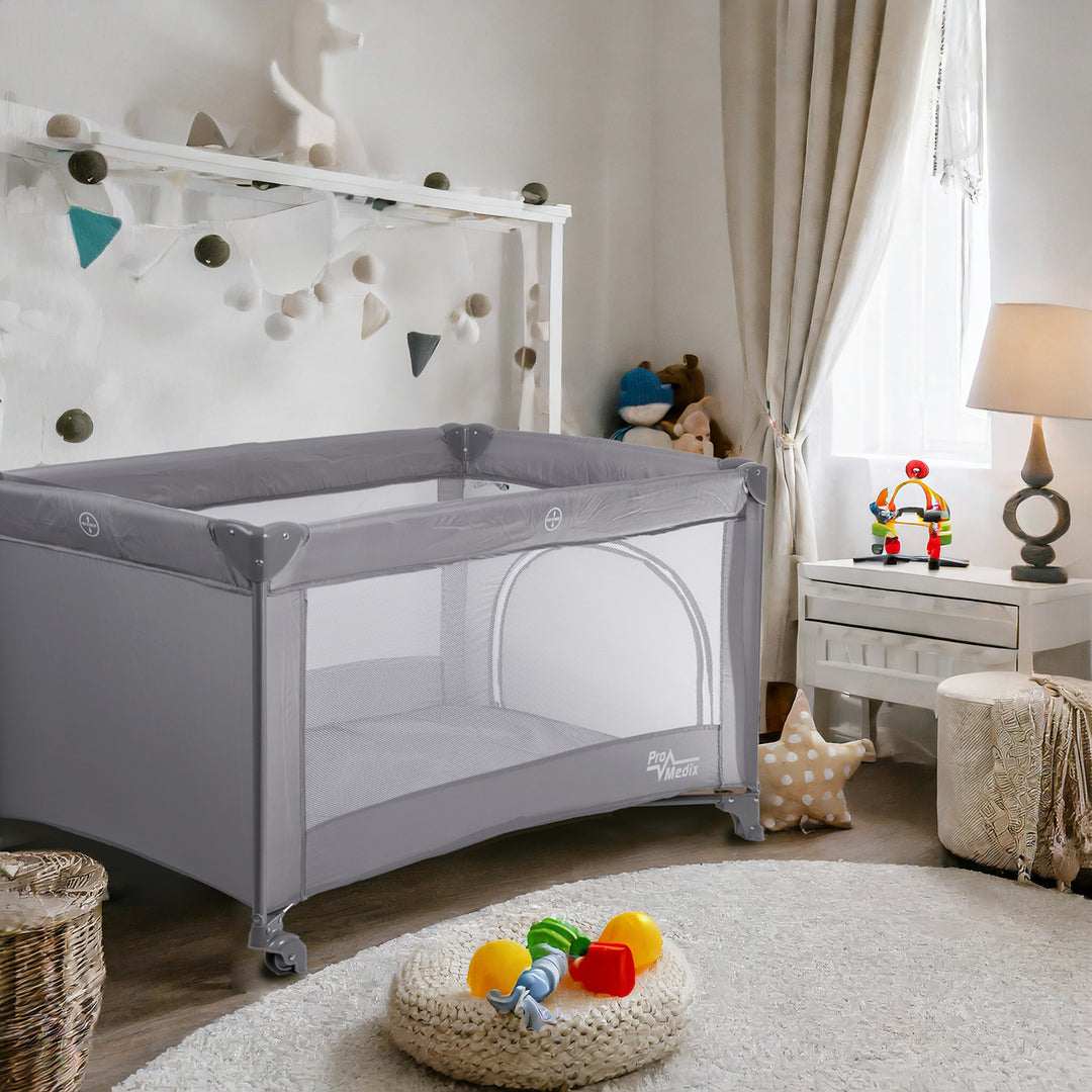 Lit de voyage Promedix, 125x65x74cm, gris, roulettes, housse de protection, PR-803 G + Korbell 16L poubelle à couches usagées