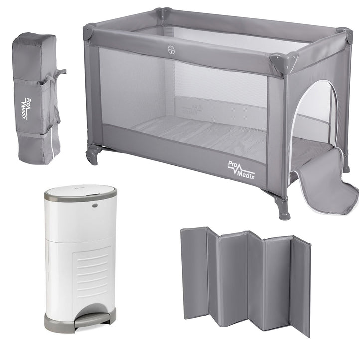 Lit de voyage Promedix, 125x65x74cm, gris, roulettes, housse de protection, PR-803 G + Korbell 16L poubelle à couches usagées