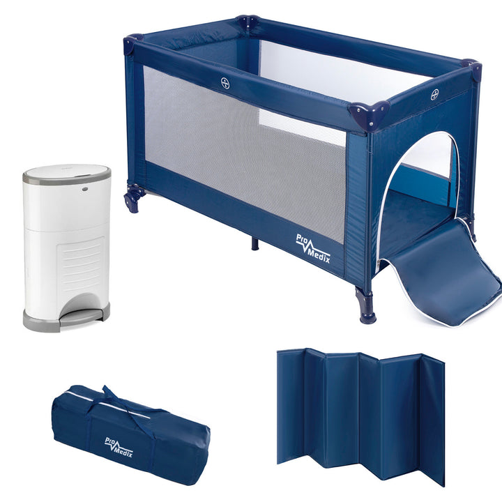 Lit de voyage Promedix, 125x65x74cm, bleu, roulettes, housse de protection, PR-803B + Korbell 26L poubelle à couches usagées