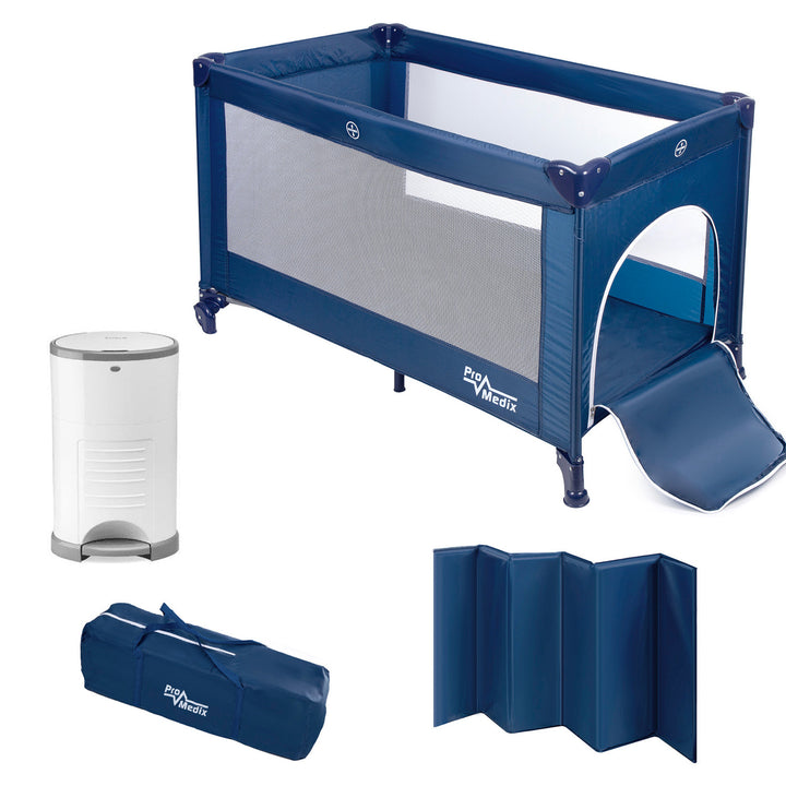Lit de voyage Promedix, 125x65x74cm, bleu, roulettes, housse de protection, PR-803B + Corbell 9L poubelle à couches usagées