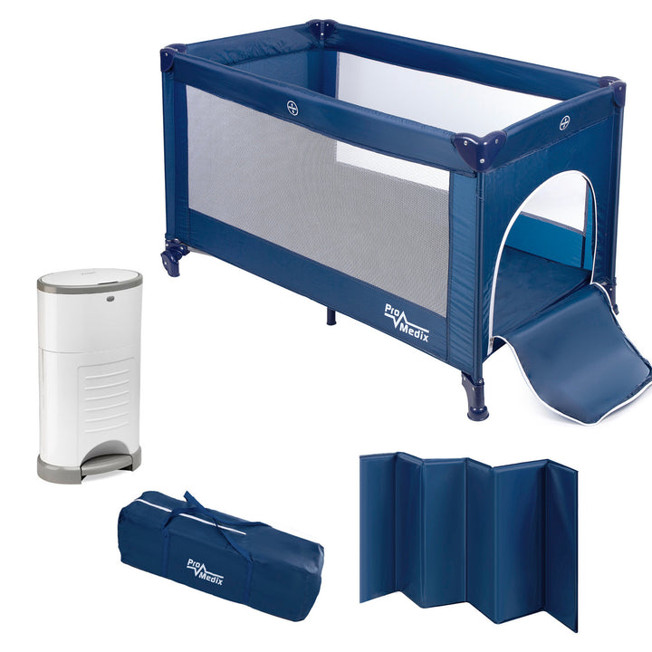 Lit de voyage Promedix, 125x65x74cm, bleu, roulettes, housse de protection, PR-803B + Corbell 16L poubelle à couches usagées