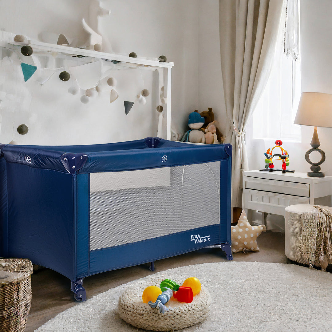 Lit de voyage Promedix, 125x65x74cm, bleu, roulettes, housse de protection, PR-803 B