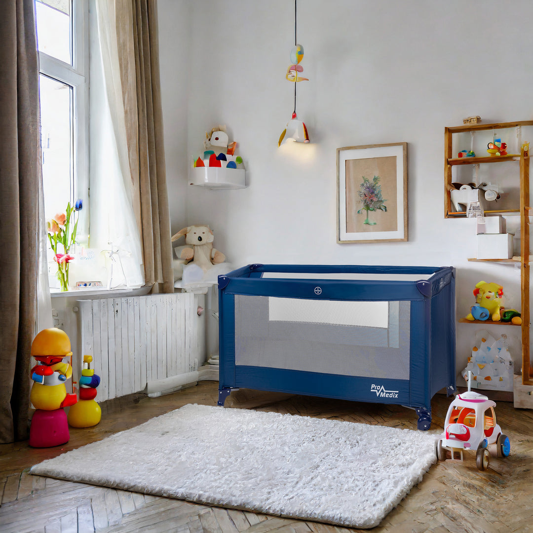 Lit de voyage Promedix, 125x65x74cm, bleu, roulettes, housse de protection, PR-803 B