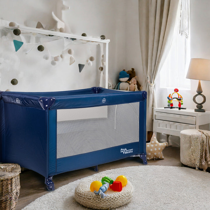 Lit de voyage Promedix, 125x65x74cm, bleu, roulettes, housse de protection, PR-803B + Inhalateur Baby Bear PR-811