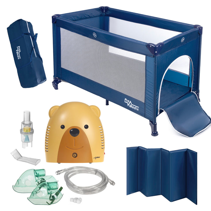 Lit de voyage Promedix, 125x65x74cm, bleu, roulettes, housse de protection, PR-803B + Inhalateur Baby Bear PR-811