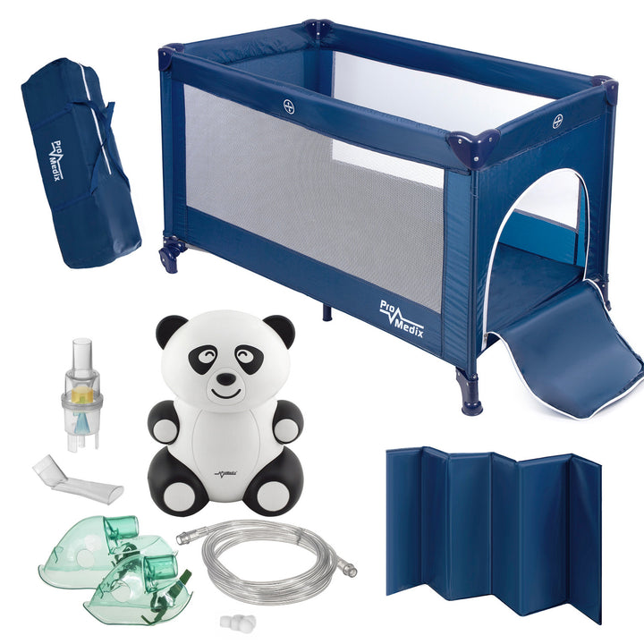 Lit de voyage Promedix, 125x65x74cm, bleu, roulettes, housse de protection, PR-803B + Inhalateur bébé panda PR-812