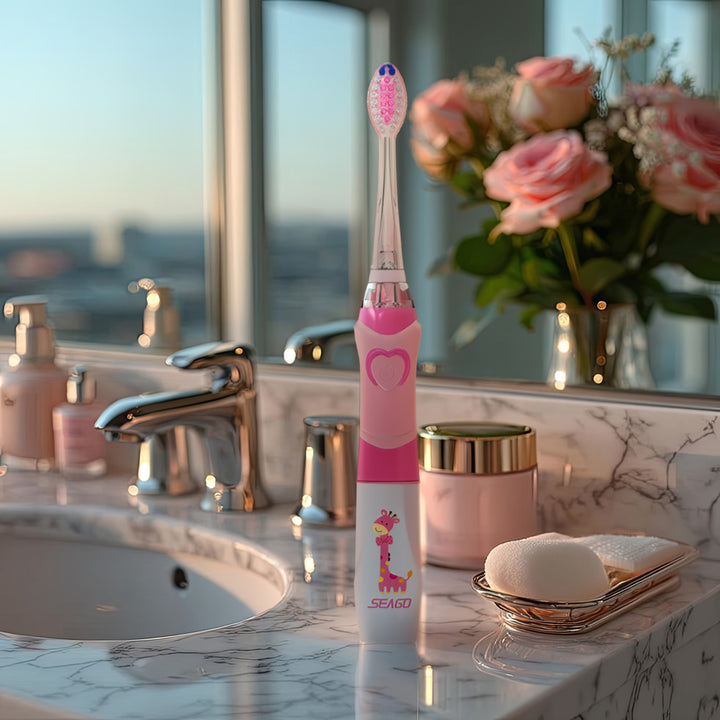 SEAGO sonische tandenborstel voor kinderen, roze, 1xAA 1,5V (niet inbegrepen), 3 tips, SG-977 Roze