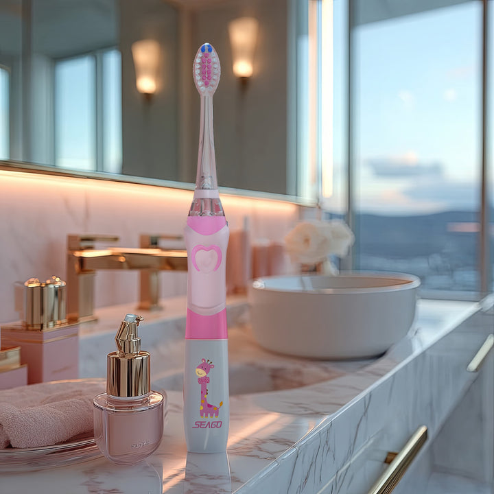 SEAGO sonische tandenborstel voor kinderen, roze, 1xAA 1,5V (niet inbegrepen), 3 tips, SG-977 Roze