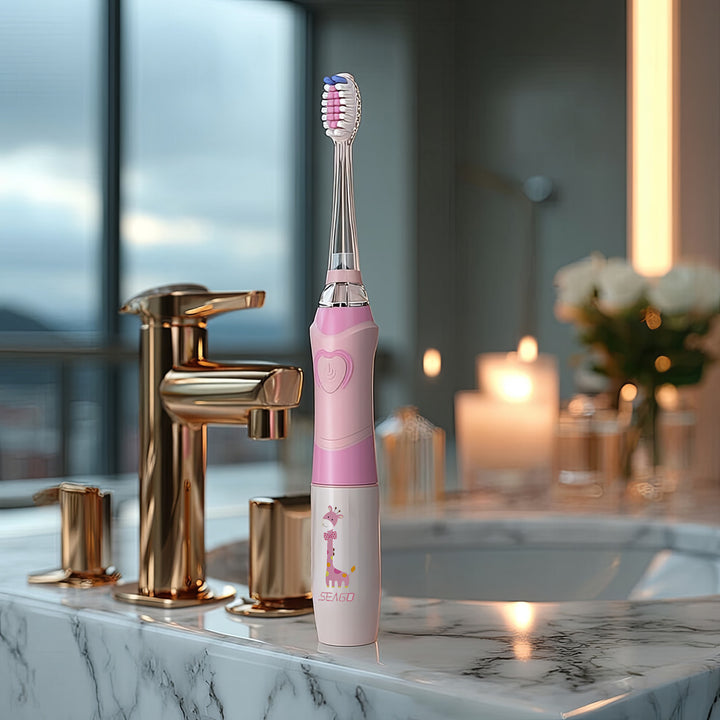 SEAGO sonische tandenborstel voor kinderen, roze, 1xAA 1,5V (niet inbegrepen), 3 tips, SG-977 Roze