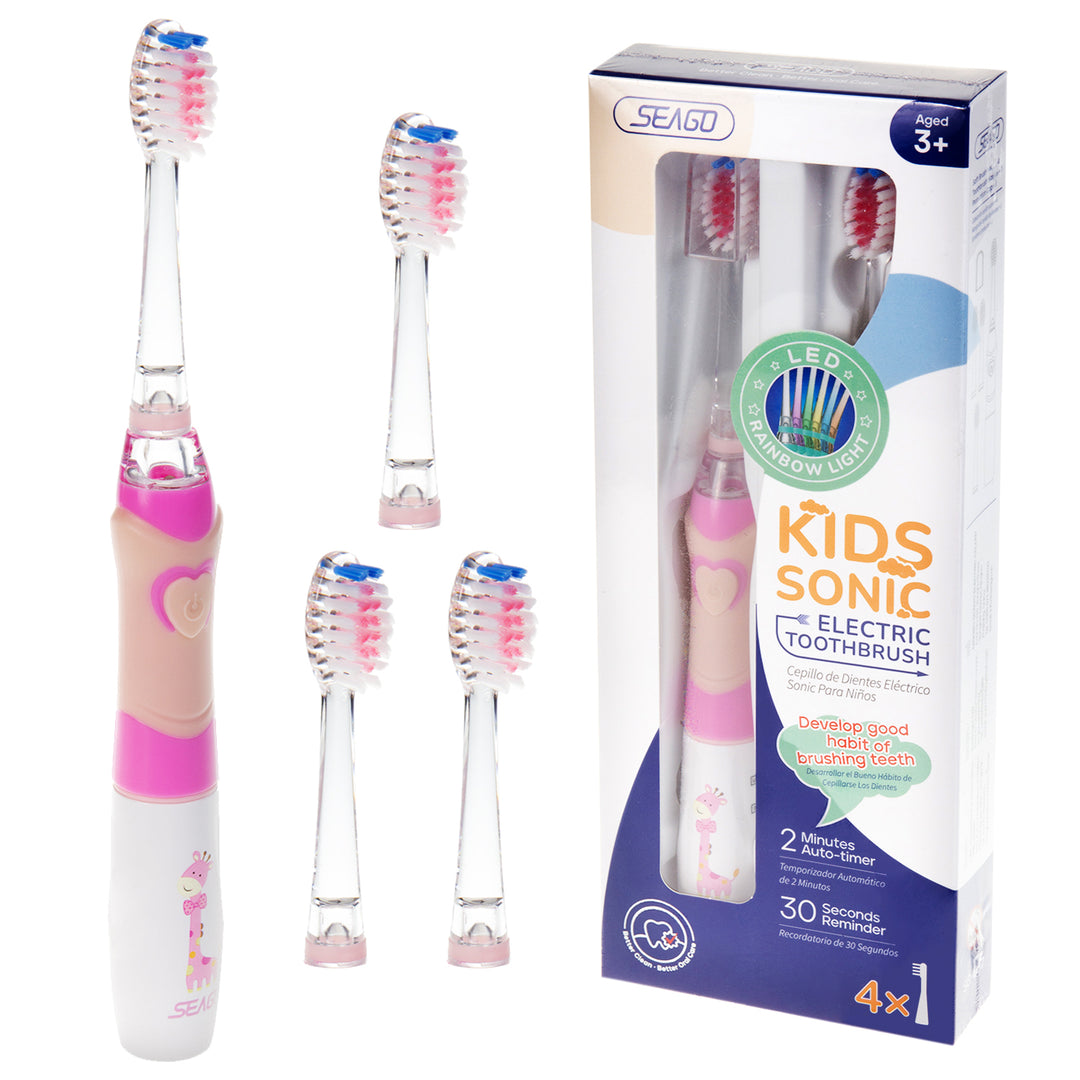 SEAGO sonische tandenborstel voor kinderen, roze, 1xAA 1,5V (niet inbegrepen), 3 tips, SG-977 Roze