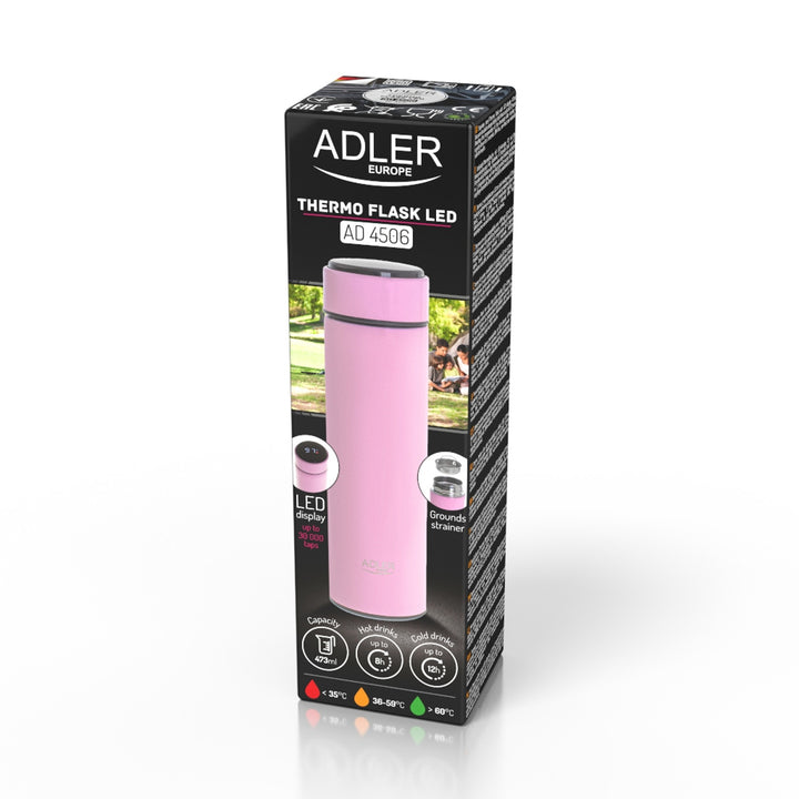 Thermos Adler, écran tactile LED, capacité 473 ml, couleur rose, AD 4506